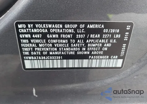 2018 Volkswagen Passat 2.0T Se from USA, damaged, VIN 1VWBA7A36JC032391